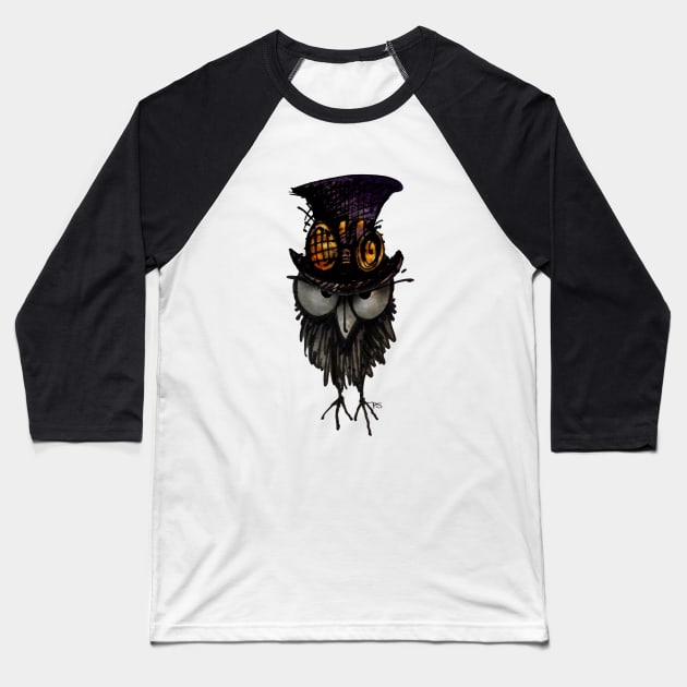 Funny Grumpy Steampunk Owl in a Steampunk Top Hat and Brass Goggles Baseball T-Shirt by PaulStickland